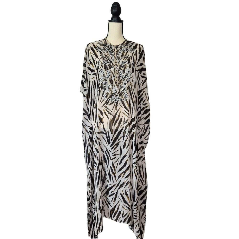 Spiegel Vintage Zebra Kaftan Maxi Dress Beaded Sequin Bohemian Cover Up Size M - Picture 1 of 11
